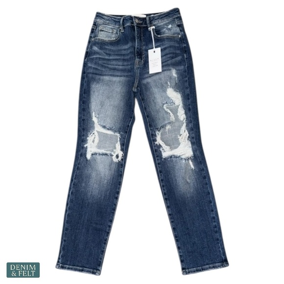 Risen Denim - Risen Los Angeles RDP5163 Distressed Boyfriend Jeans Dark Wash Size 5/27 NEW